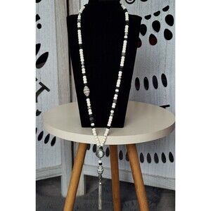 Lucky Brand Long Beaded Pendant Necklace Ivory & Silver Tone